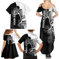 Black and White Disc Golf Tree Graphic Family Matching Summer Maxi Dress and Hawaiian Shirt with Roots Silhouette and Custom Name Design - Wonder Print Shop