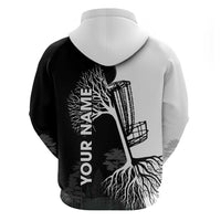 Black and White Disc Golf Tree Graphic Hoodie with Roots Silhouette and Custom Name Design - Wonder Print Shop