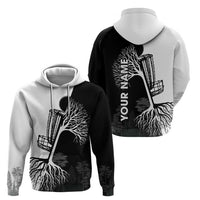 Black and White Disc Golf Tree Graphic Hoodie with Roots Silhouette and Custom Name Design - Wonder Print Shop