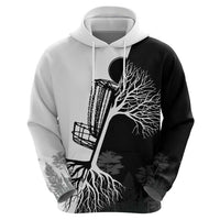 Black and White Disc Golf Tree Graphic Hoodie with Roots Silhouette and Custom Name Design - Wonder Print Shop