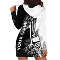 Black and White Disc Golf Tree Graphic Hoodie Dress with Roots Silhouette and Custom Name Design - Wonder Print Shop