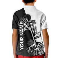 Black and White Disc Golf Tree Graphic Kid Polo Shirt with Roots Silhouette and Custom Name Design - Wonder Print Shop