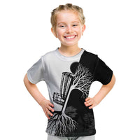 Black and White Disc Golf Tree Graphic Kid T Shirt with Roots Silhouette and Custom Name Design - Wonder Print Shop