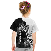 Black and White Disc Golf Tree Graphic Kid T Shirt with Roots Silhouette and Custom Name Design - Wonder Print Shop