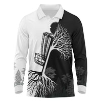 Black and White Disc Golf Tree Graphic Long Sleeve Polo Shirt with Roots Silhouette and Custom Name Design - Wonder Print Shop