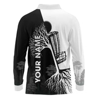 Black and White Disc Golf Tree Graphic Long Sleeve Polo Shirt with Roots Silhouette and Custom Name Design - Wonder Print Shop