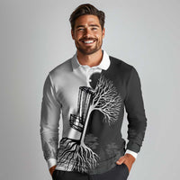 Black and White Disc Golf Tree Graphic Long Sleeve Polo Shirt with Roots Silhouette and Custom Name Design - Wonder Print Shop