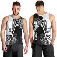 Black and White Disc Golf Tree Graphic Men Tank Top with Roots Silhouette and Custom Name Design - Wonder Print Shop