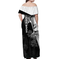 Black and White Disc Golf Tree Graphic Off Shoulder Maxi Dress with Roots Silhouette and Custom Name Design - Wonder Print Shop