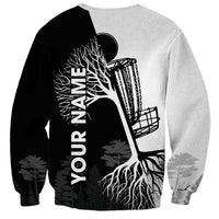 Black and White Disc Golf Tree Graphic Sweatshirt with Roots Silhouette and Custom Name Design - Wonder Print Shop
