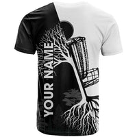 Black and White Disc Golf Tree Graphic T Shirt with Roots Silhouette and Custom Name Design - Wonder Print Shop