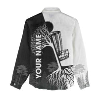 Black and White Disc Golf Tree Graphic Women Casual Shirt with Roots Silhouette and Custom Name Design - Wonder Print Shop