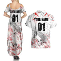 Motocross Rider Couples Matching Summer Maxi Dress and Hawaiian Shirt with Abstract Grunge Brush and Custom Number in Red and Black Splatter Design - Wonder Print Shop