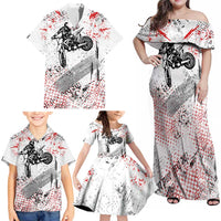 Motocross Rider Family Matching Off Shoulder Maxi Dress and Hawaiian Shirt with Abstract Grunge Brush and Custom Number in Red and Black Splatter Design - Wonder Print Shop