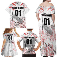 Motocross Rider Family Matching Off Shoulder Maxi Dress and Hawaiian Shirt with Abstract Grunge Brush and Custom Number in Red and Black Splatter Design - Wonder Print Shop