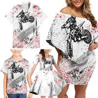 Motocross Rider Family Matching Off Shoulder Short Dress and Hawaiian Shirt with Abstract Grunge Brush and Custom Number in Red and Black Splatter Design - Wonder Print Shop