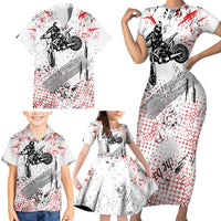 Motocross Rider Family Matching Short Sleeve Bodycon Dress and Hawaiian Shirt with Abstract Grunge Brush and Custom Number in Red and Black Splatter Design - Wonder Print Shop