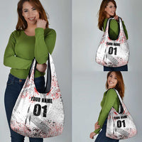 Motocross Rider Grocery Bag with Abstract Grunge Brush and Custom Number in Red and Black Splatter Design - Wonder Print Shop
