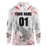 Motocross Rider Long Sleeve Polo Shirt with Abstract Grunge Brush and Custom Number in Red and Black Splatter Design - Wonder Print Shop