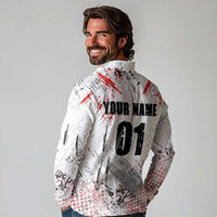 Motocross Rider Long Sleeve Polo Shirt with Abstract Grunge Brush and Custom Number in Red and Black Splatter Design - Wonder Print Shop