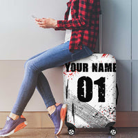 Motocross Rider Luggage Cover with Abstract Grunge Brush and Custom Number in Red and Black Splatter Design - Wonder Print Shop