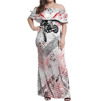 Motocross Rider Off Shoulder Maxi Dress with Abstract Grunge Brush and Custom Number in Red and Black Splatter Design - Wonder Print Shop