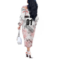Motocross Rider Off The Shoulder Long Sleeve Dress with Abstract Grunge Brush and Custom Number in Red and Black Splatter Design - Wonder Print Shop