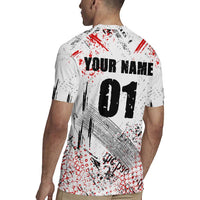 Motocross Rider Rugby Jersey with Abstract Grunge Brush and Custom Number in Red and Black Splatter Design - Wonder Print Shop