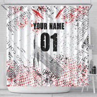 Motocross Rider Shower Curtain with Abstract Grunge Brush and Custom Number in Red and Black Splatter Design - Wonder Print Shop