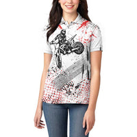 Motocross Rider Women Polo Shirt with Abstract Grunge Brush and Custom Number in Red and Black Splatter Design - Wonder Print Shop