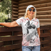 Motocross Rider Women Polo Shirt with Abstract Grunge Brush and Custom Number in Red and Black Splatter Design - Wonder Print Shop