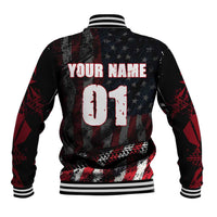 Motocross Rider Baseball Jacket with American Flag Background and Extreme Text in Red and Black Grunge Design - Wonder Print Shop