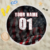 Motocross Rider Beach Blanket with American Flag Background and Extreme Text in Red and Black Grunge Design - Wonder Print Shop