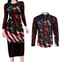 Motocross Rider Couples Matching Long Sleeve Bodycon Dress and Long Sleeve Button Shirt with American Flag Background and Extreme Text in Red and Black Grunge Design - Wonder Print Shop