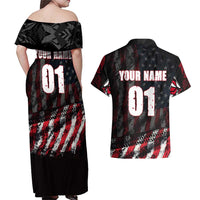 Motocross Rider Couples Matching Off Shoulder Maxi Dress and Hawaiian Shirt with American Flag Background and Extreme Text in Red and Black Grunge Design - Wonder Print Shop