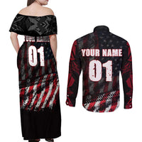 Motocross Rider Couples Matching Off Shoulder Maxi Dress and Long Sleeve Button Shirt with American Flag Background and Extreme Text in Red and Black Grunge Design - Wonder Print Shop