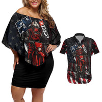 Motocross Rider Couples Matching Off Shoulder Short Dress and Hawaiian Shirt with American Flag Background and Extreme Text in Red and Black Grunge Design - Wonder Print Shop