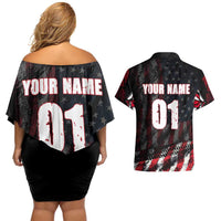 Motocross Rider Couples Matching Off Shoulder Short Dress and Hawaiian Shirt with American Flag Background and Extreme Text in Red and Black Grunge Design - Wonder Print Shop