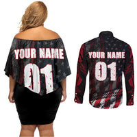 Motocross Rider Couples Matching Off Shoulder Short Dress and Long Sleeve Button Shirt with American Flag Background and Extreme Text in Red and Black Grunge Design - Wonder Print Shop