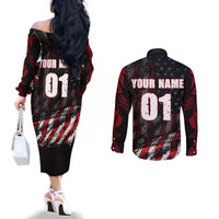 Motocross Rider Couples Matching Off The Shoulder Long Sleeve Dress and Long Sleeve Button Shirt with American Flag Background and Extreme Text in Red and Black Grunge Design - Wonder Print Shop