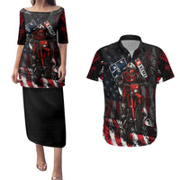 Motocross Rider Couples Matching Puletasi and Hawaiian Shirt with American Flag Background and Extreme Text in Red and Black Grunge Design - Wonder Print Shop