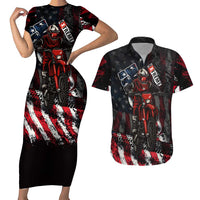 Motocross Rider Couples Matching Short Sleeve Bodycon Dress and Hawaiian Shirt with American Flag Background and Extreme Text in Red and Black Grunge Design - Wonder Print Shop