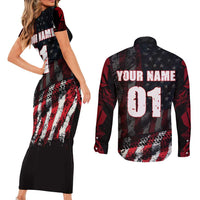 Motocross Rider Couples Matching Short Sleeve Bodycon Dress and Long Sleeve Button Shirt with American Flag Background and Extreme Text in Red and Black Grunge Design - Wonder Print Shop