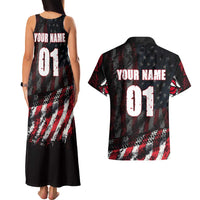 Motocross Rider Couples Matching Tank Maxi Dress and Hawaiian Shirt with American Flag Background and Extreme Text in Red and Black Grunge Design - Wonder Print Shop