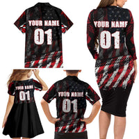 Motocross Rider Family Matching Long Sleeve Bodycon Dress and Hawaiian Shirt with American Flag Background and Extreme Text in Red and Black Grunge Design - Wonder Print Shop
