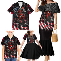 Motocross Rider Family Matching Mermaid Dress and Hawaiian Shirt with American Flag Background and Extreme Text in Red and Black Grunge Design - Wonder Print Shop