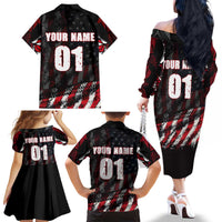 Motocross Rider Family Matching Off The Shoulder Long Sleeve Dress and Hawaiian Shirt with American Flag Background and Extreme Text in Red and Black Grunge Design - Wonder Print Shop