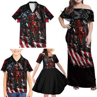 Motocross Rider Family Matching Off Shoulder Maxi Dress and Hawaiian Shirt with American Flag Background and Extreme Text in Red and Black Grunge Design - Wonder Print Shop