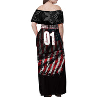 Motocross Rider Family Matching Off Shoulder Maxi Dress and Hawaiian Shirt with American Flag Background and Extreme Text in Red and Black Grunge Design - Wonder Print Shop