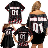 Motocross Rider Family Matching Off Shoulder Short Dress and Hawaiian Shirt with American Flag Background and Extreme Text in Red and Black Grunge Design - Wonder Print Shop